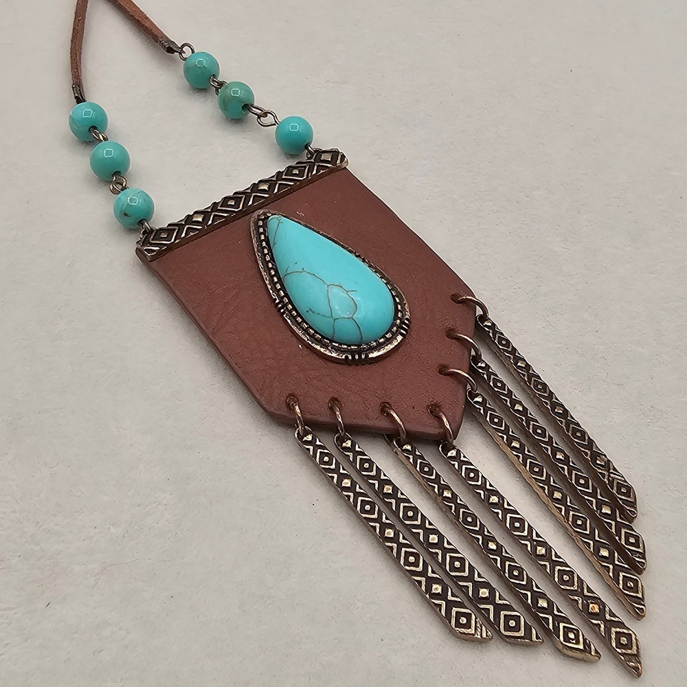 Brown Leather Blue Stone Pendant Necklace Metal Fringe Boho Tribal Southwest - Picture 3 of 13